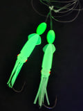 Hi-Lo 30 lb Fishing Rig 2 Hooks Bait 3" Clear GLOW B2 Squid Teasers Fluke Sea Bass
