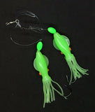 Hi-Lo 30 lb Fishing Rig 2 Hooks Bait 4"  GREEN GLOW B2 Squid Teasers Fluke Sea Bass