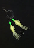 Copy of Hi-Lo 30 lb Fishing Rig 2 Hooks Bait 4" GLOW B2 Squid Teasers Fluke Sea Bass